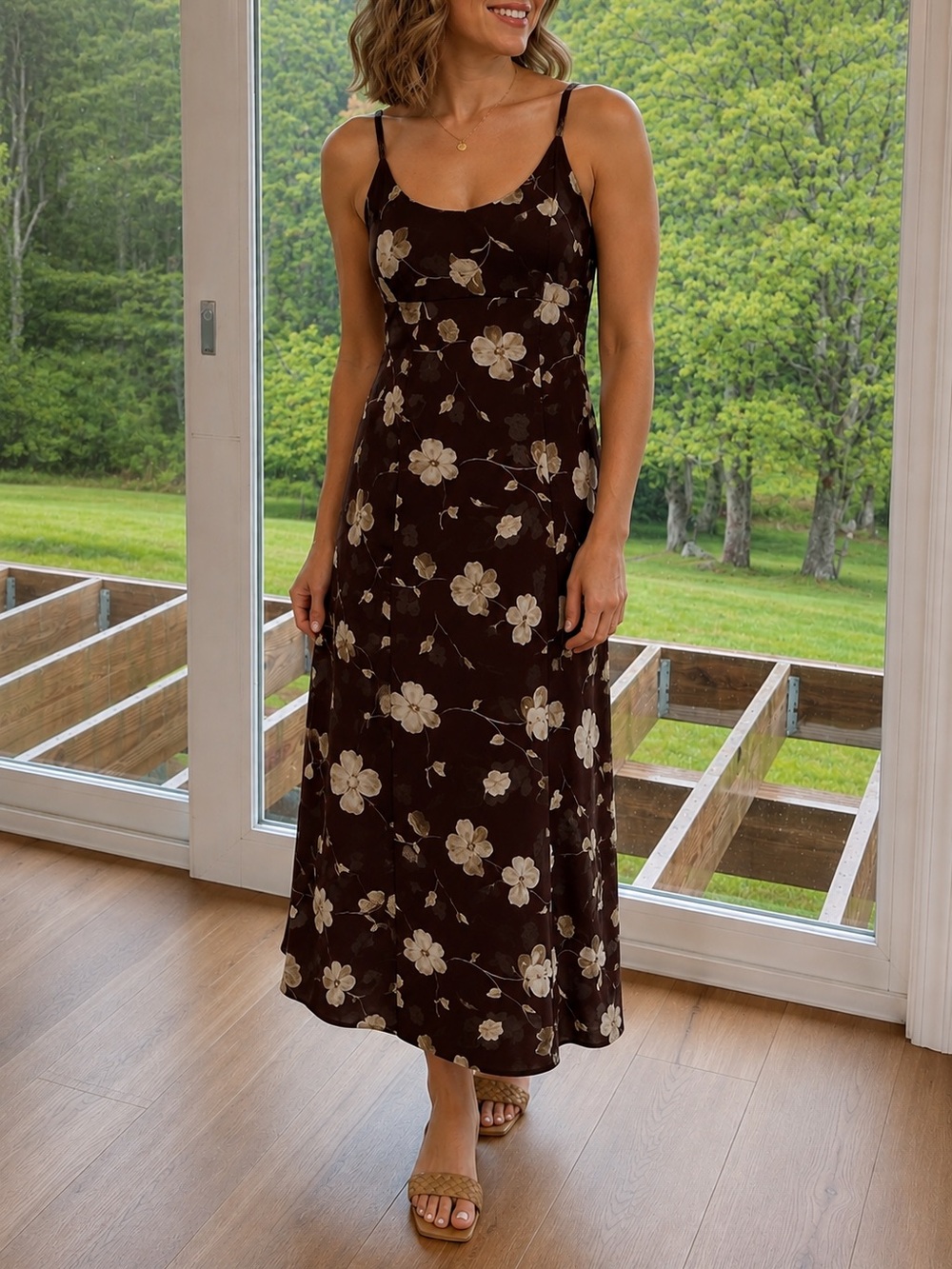 Vintage Floral Midi Slip Dress in Dark Chocolate and Cream